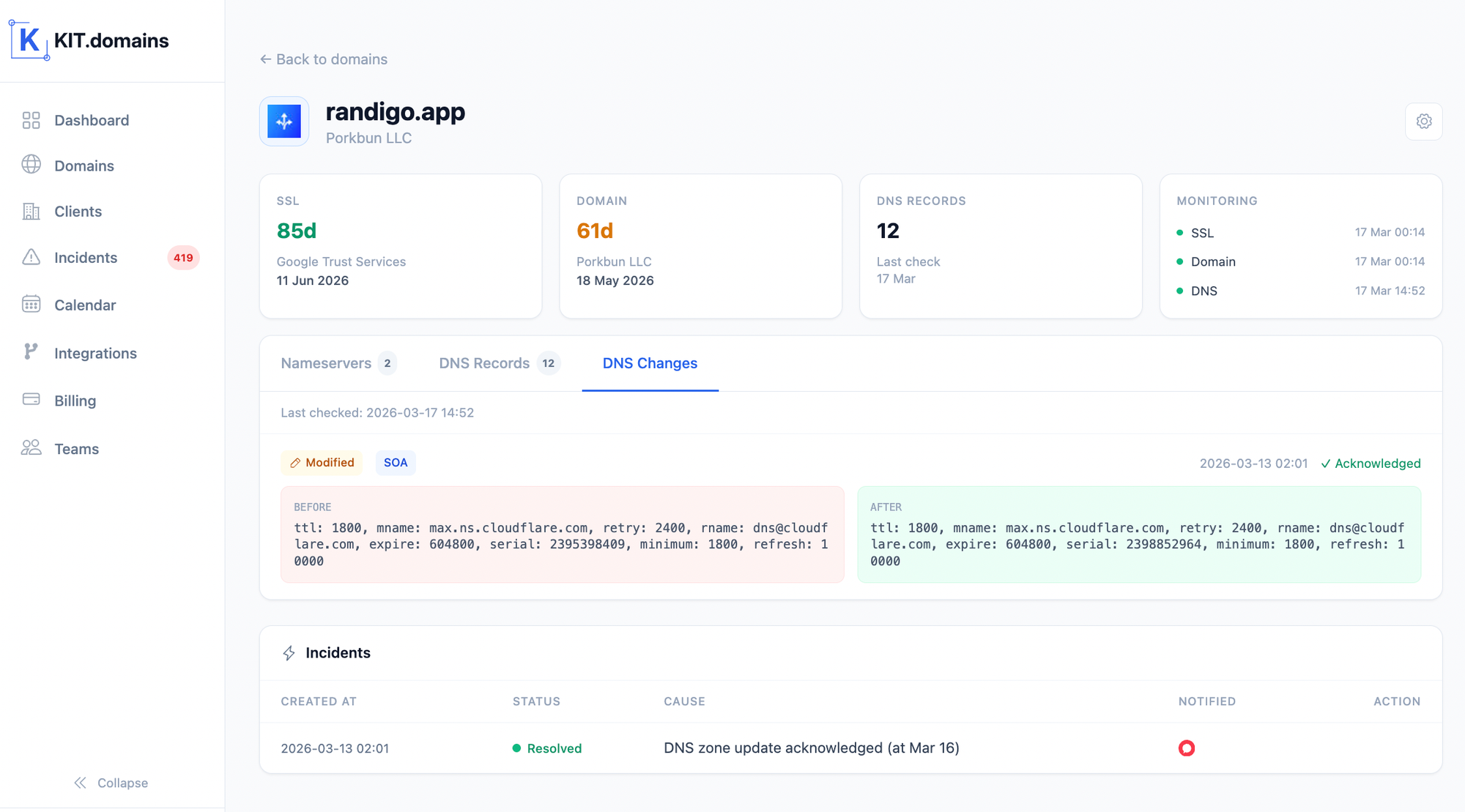 Real-time DNS integrity monitoring tracking MX and NS record changes to prevent email downtime
