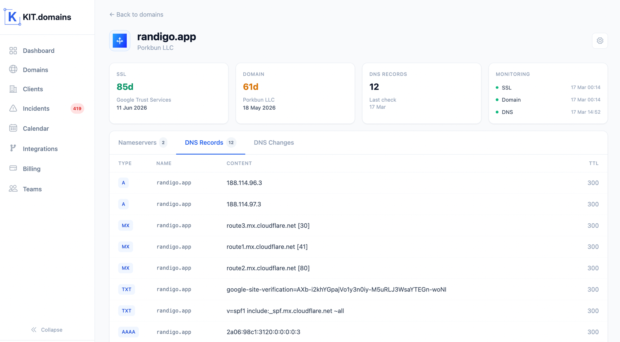 Real-time DNS integrity monitoring interface tracking MX and NS record changes to prevent DNS hijacking