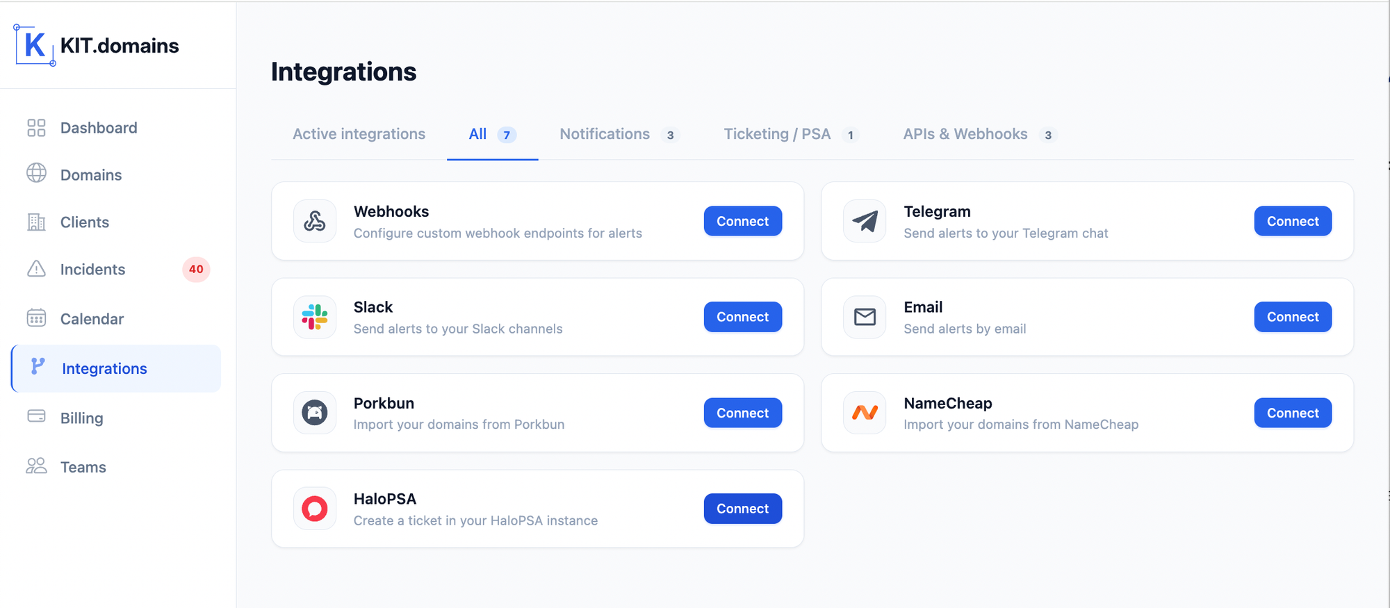 KIT.domains integration settings with HaloPSA Slack and Telegram