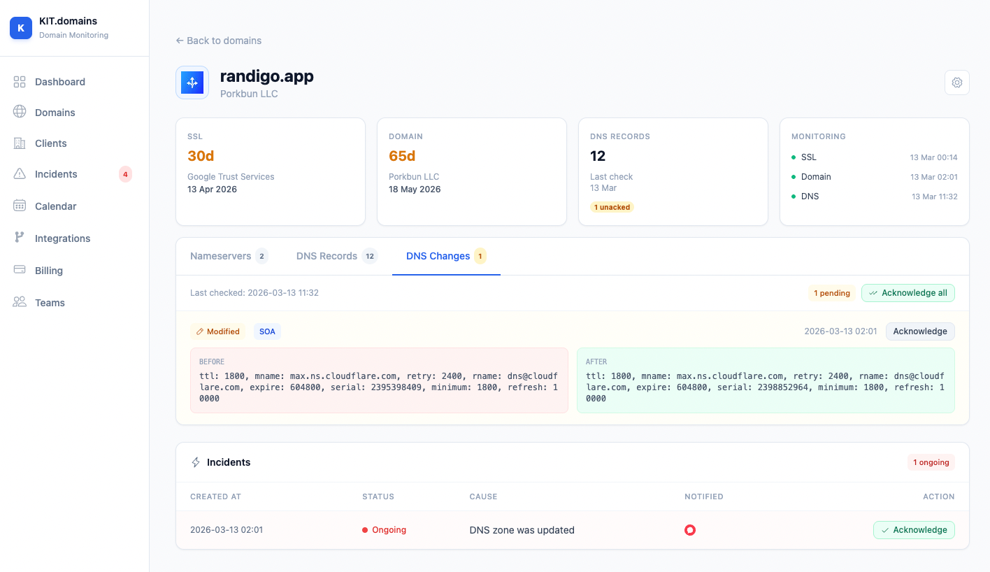Real-time DNS integrity monitoring and MX record tracking