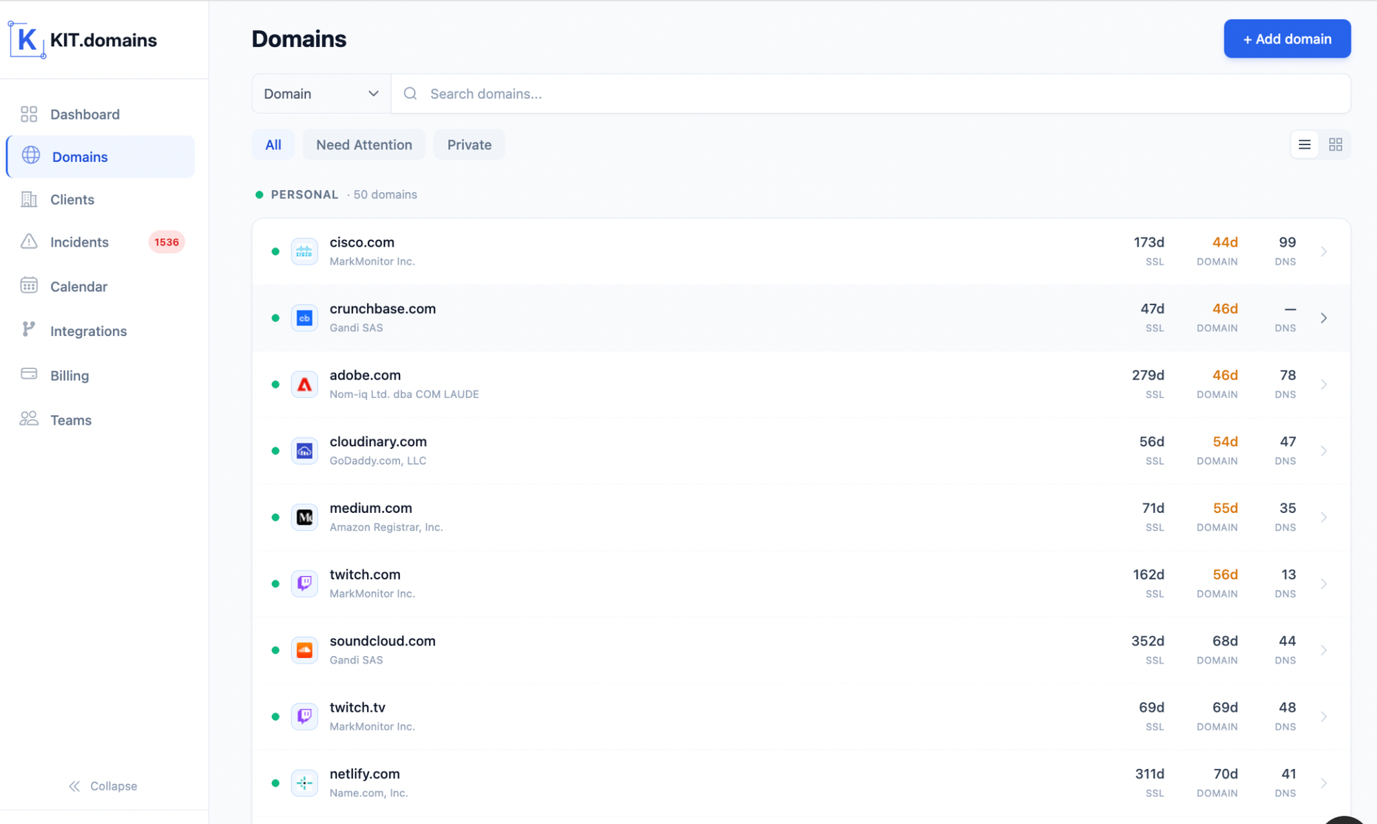 multi domain monitoring dashboard showing domain list with expiration ssl and dns status across registrars