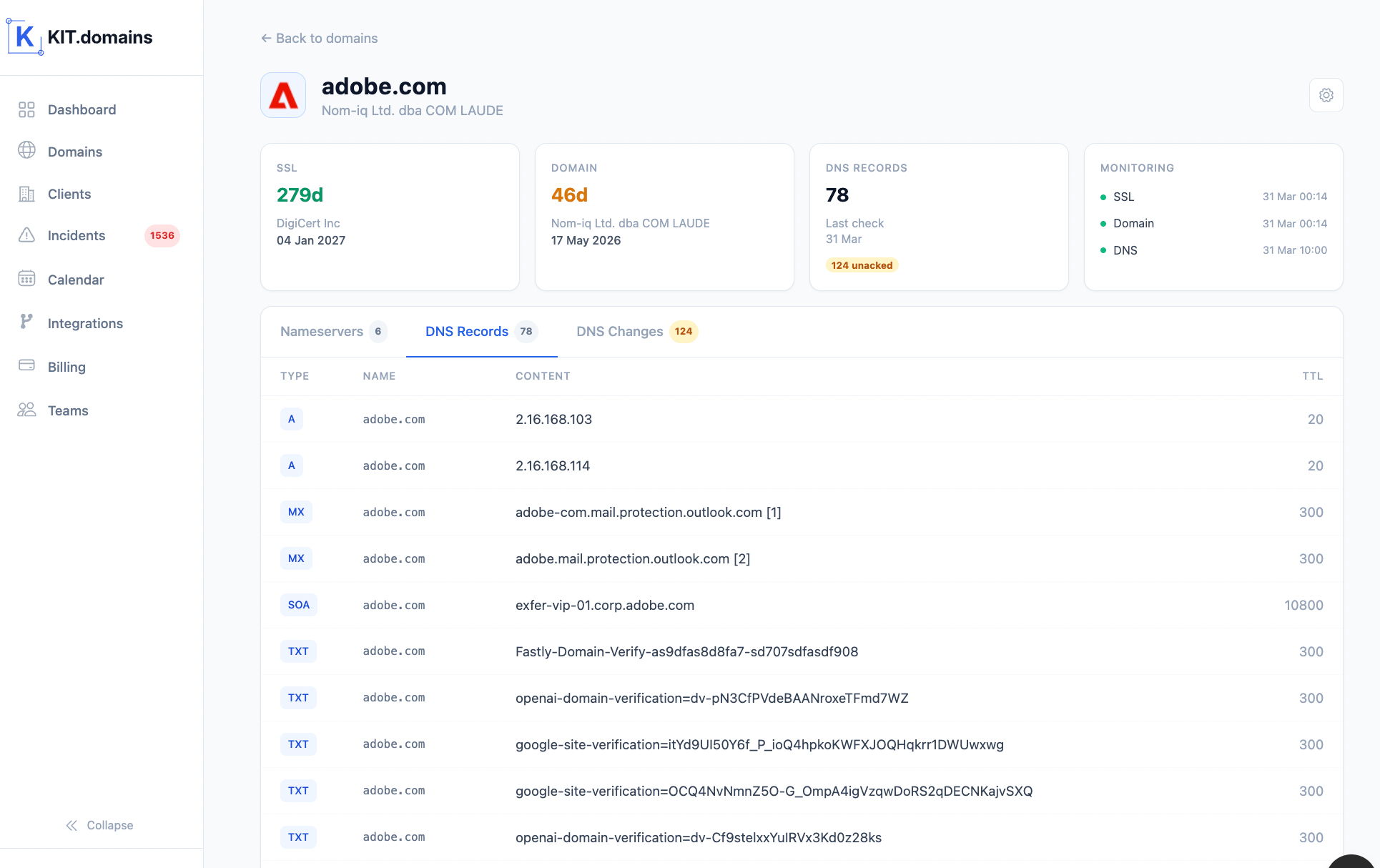 dns monitoring dashboard showing mx ns a txt records and real time changes for a domain