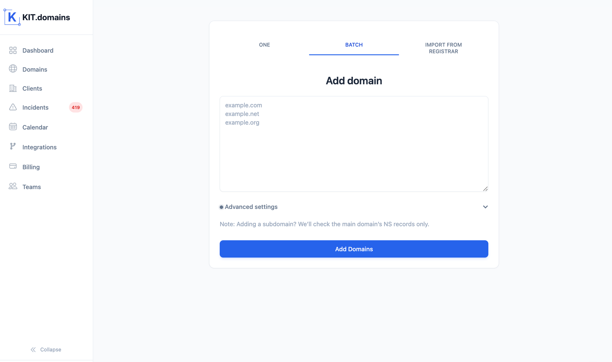 bulk domain management batch actions multiple domains