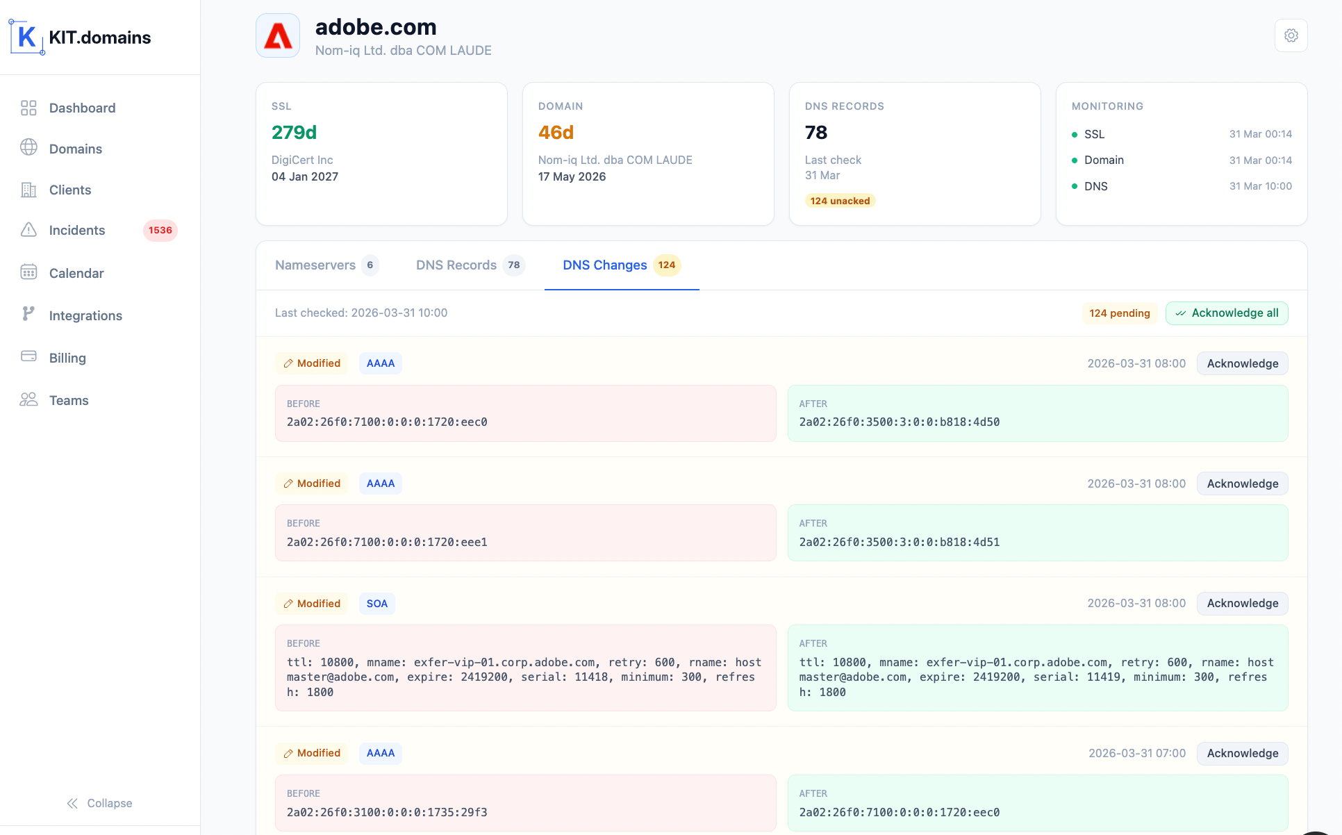 dns monitoring tool showing mx ns records integrity tracking
