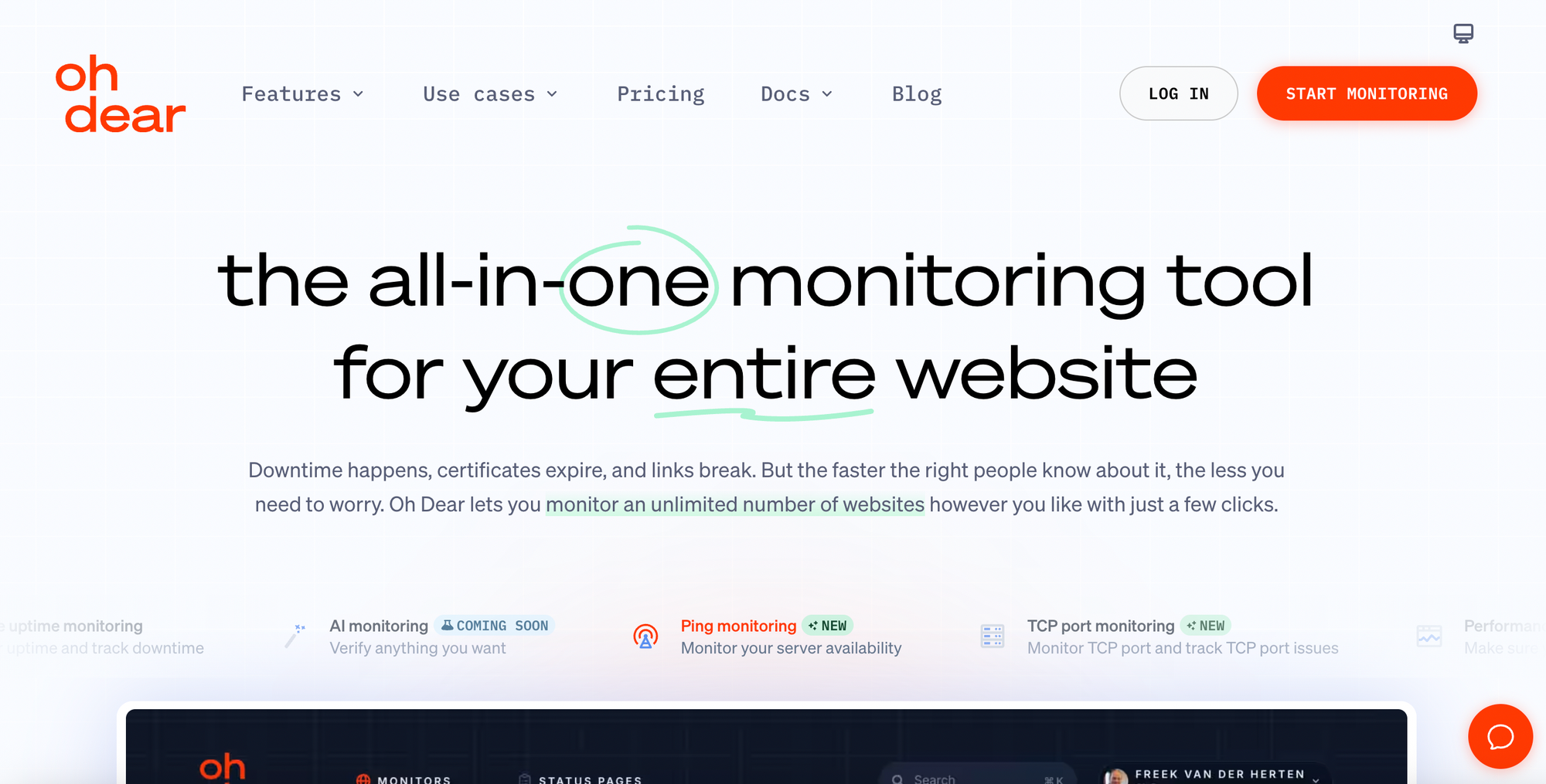 Official home page of Oh Dear, showcasing their all-in-one website health and uptime monitoring solutions.