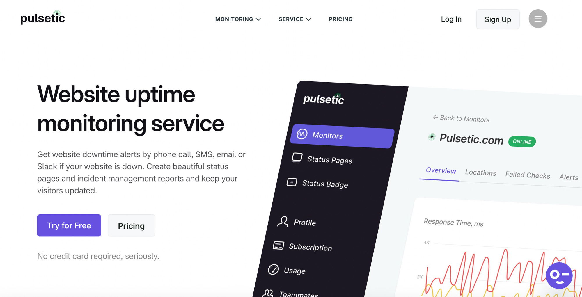 The home page of Pulsetic, a simple and reliable uptime monitoring tool with status page features.