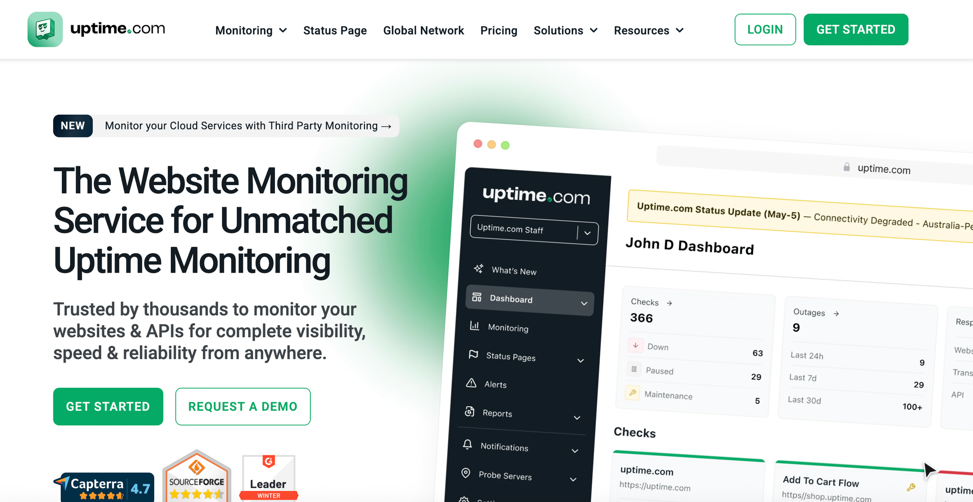 Uptime.com index page, highlighting enterprise-grade uptime monitoring and SLA reporting.
