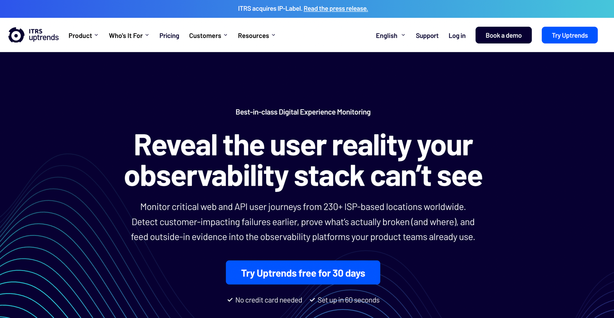 Uptrends official home page, showing their global website performance and synthetic monitoring capabilities.